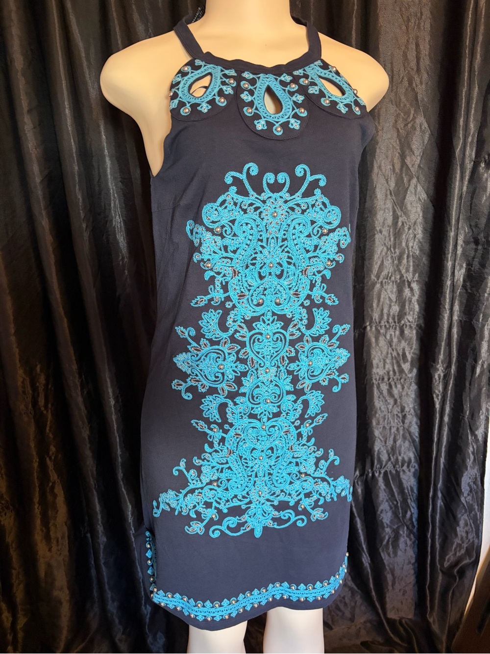 INC International Concepts Navy Dress with Turquoise Embroidery